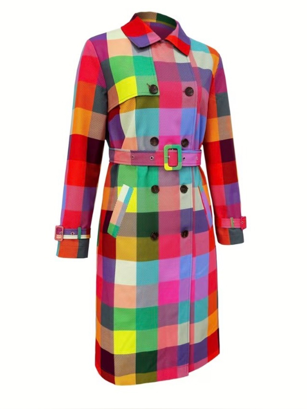 Plus Size Rainbow Plaid Belted Trench Coat Size 3XL - Picture 12 of 12
